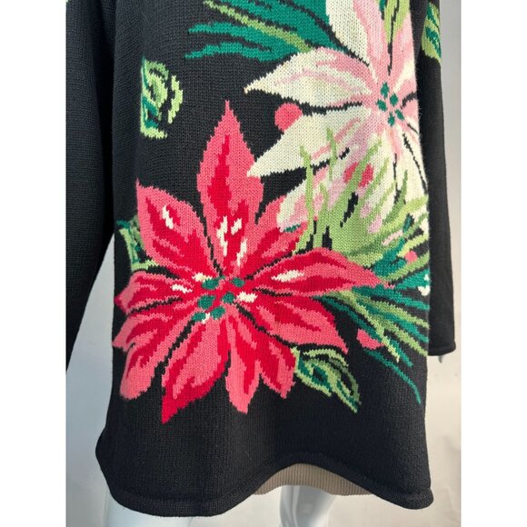 Belle Isle  Poinsettia Holiday Sweater  1X Black   Cotton Blend - Picture 14 of 16